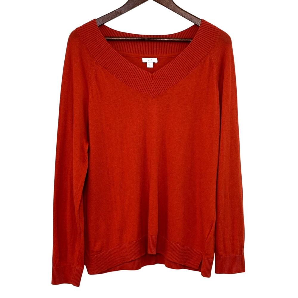 J. JILL Pumpkin Orange V-Neck Sweater Size M Classic Preppy Business Casual Chic